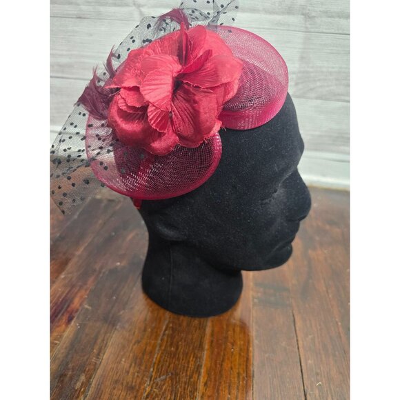 Vintage Red Flower Feather Fascinator Headband Hat Cocktail Cap - Picture 1 of 11